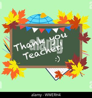 A chalkboard with the text Thank you teacher  written in it. Greeting card for World teacher's day concept Stock Vector