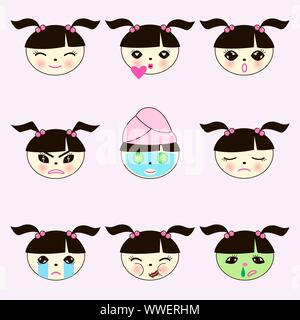 Emoji cute collection. Set of cartoon girl emotion faces. Isolated. Vector illustration Stock Vector
