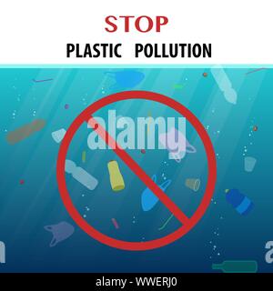 Stop plastic pollution ecological poster with floating garbage in the ocean and rad round sign. Global environmental problem concept. Vector illustrat Stock Vector