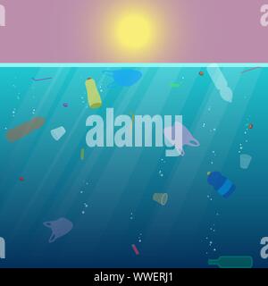 Plastic garbage in the ocean.  Environmental pollution. Global ecological problem. Vector illustration. Stock Vector