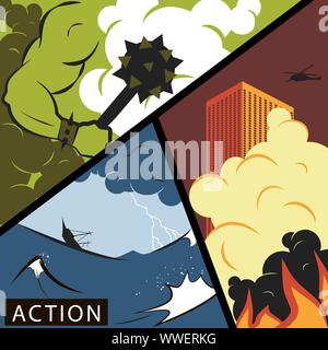 Comic wars. Action movie poster concept. Vector illustration in flat style. Stock Vector