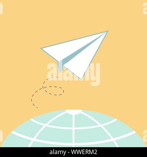 Paper plane flies over the globe. Vector illustration Stock Vector