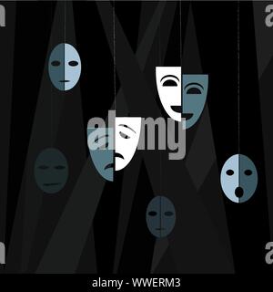 Theatre. Drama theater masks on the dark background. Vector illustration in flat style. Stock Vector