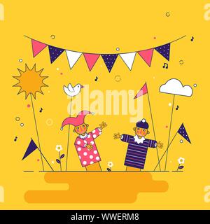 Funny children performance in the puppet theater. Vector illustration Stock Vector