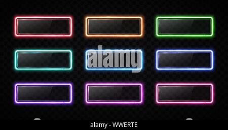 Neon color button set. Glowing line rectangle. Stock Vector