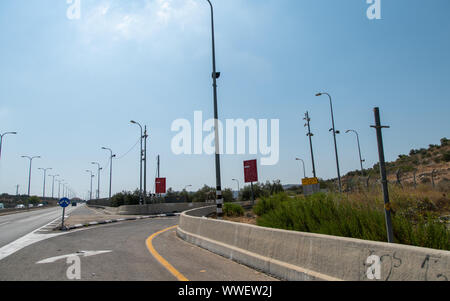 ISRAEL - AUGUST 30, 2019:  View of Red  Warning Sign in 3 Languages in Area A On Highway to Jerusalem Stock Photo