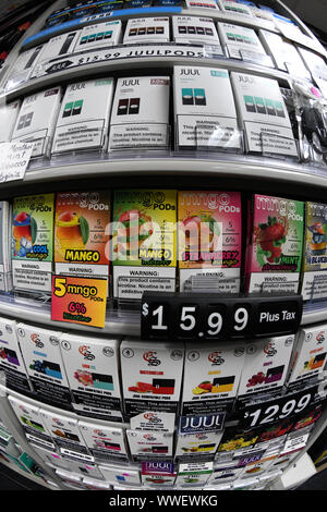Racine, Wisconsin, USA. 15th Sep, 2019. Vaping and E-cigarette products,  including flavored ones which President