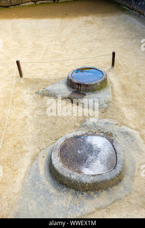 Water mirrors, mirrors of water, circular rock outcrops used as circular mortars or astronomical tool to reflect stars, Machu Picchu ruins, Peru. Stock Photo