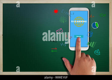 Education technology, online learning concept, hand and mobile phone on chalkboard background Stock Photo
