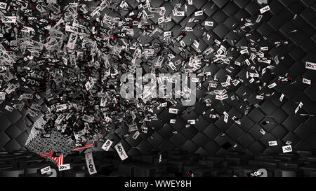 Thousands of coupons from 10 to 80 percent discount in a white, black and red regtangular shape coming out of a gift box on a checkered floor and blac Stock Photo