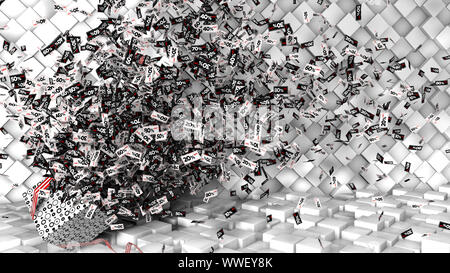Thousands of coupons from 10 to 80 percent discount in a white, black and red regtangular shape coming out of a gift box on a checkered floor and whit Stock Photo