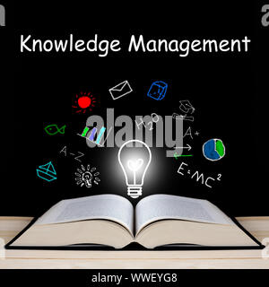 Knowledge management concept, open book on blackboard Stock Photo
