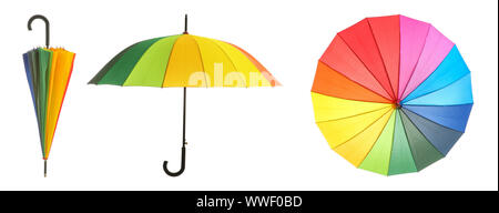 Stylish colorful umbrellas on white background Stock Photo