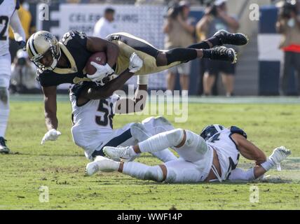 Los Angeles, United States. 15th Sep, 2019. New Orleans Saints wide receiver Michael Thomas (13) gets horizontal while being tackled at the Los Angeles Memorial Coliseum in Los Angeles, California on Sunday, September 15, 2019. The Rams defeated the Saints 27 - 9 to open their home season. Photo by Michael Goulding/UPI Credit: UPI/Alamy Live News Stock Photo