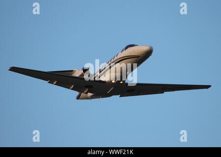 G-CGSB, a Cessna 525A CitationJet 2 operated by Air Charter Scotland, departing from Prestwick International Airport in Ayrshire. Stock Photo