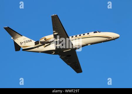 G-CGSB, a Cessna 525A CitationJet 2 operated by Air Charter Scotland, departing from Prestwick International Airport in Ayrshire. Stock Photo