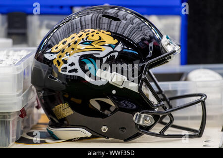 General view of a Jacksonville Jaguars helmet lying ont he pitch