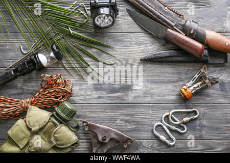 Set of items for camping on wooden background Stock Photo