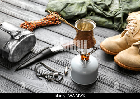 Set of items for camping on wooden background Stock Photo