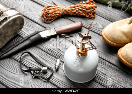 Set of items for camping on wooden background Stock Photo