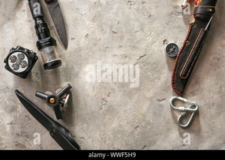 Set of items for camping on grunge background Stock Photo