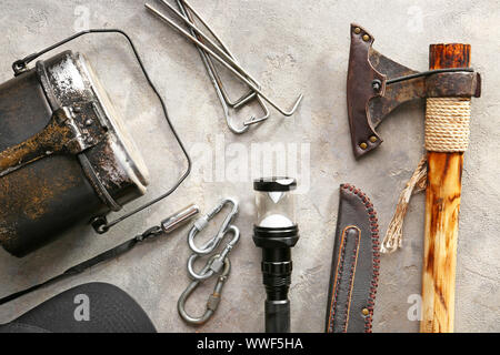 Set of items for camping on grunge background Stock Photo