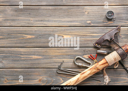 Set of items for camping on wooden background Stock Photo