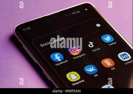 New york, USA - september 14, 2019:Apps for social media in smartphone screen close up view Stock Photo