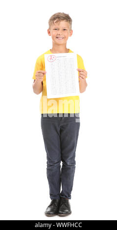 Boy Test Background Happy boy with answer sheet for school test on white background Stock ...