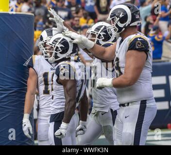 Los Angeles, United States. 15th Sep, 2019. Los Angeles Rams wide receiver Robert Woods (17) celebrates his touchdown at the Los Angeles Memorial Coliseum in Los Angeles, California on Sunday, September 15, 2019. The Rams defeated the Saints 27 - 9 to open their home season. Photo by Michael Goulding/UPI Credit: UPI/Alamy Live News Stock Photo