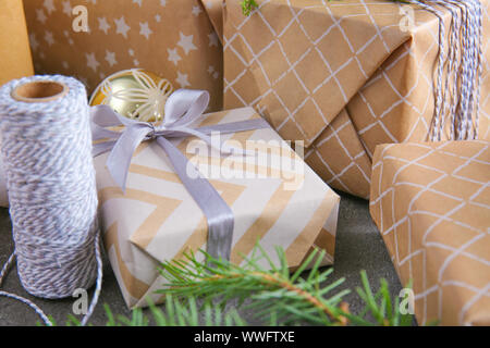 Beautiful Christmas gift boxes on table Stock Photo