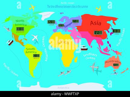 Time zones on a world map. Time difference between countries in summer. Illustrated map of the earth Stock Vector