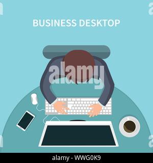 Top view of person business desk with his computer Stock Vector