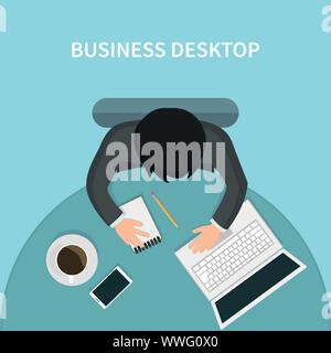 Top view of person business desk with his laptop Stock Vector