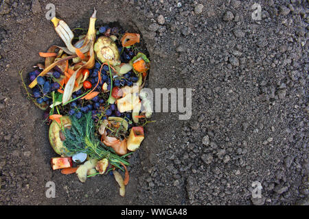 Domestic waste for compost from fruits and vegetables in garden. Stock Photo