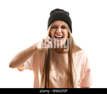 Portrait of angry woman on white background Stock Photo