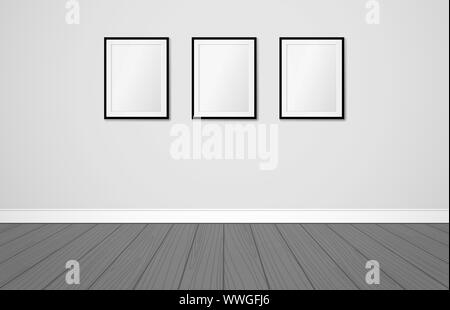 Three frames on a wall. Vector mock up. Modern scandinavian interior design Stock Vector