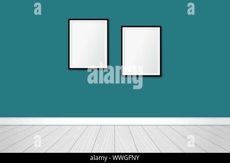 Two frames on an emerald green wall. Interior design. Vector mock up Stock Vector