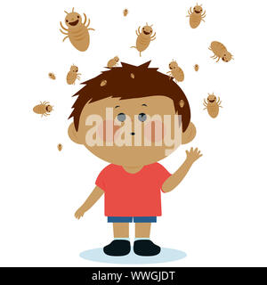 Illustration of a boy with lice on his head. Stock Photo