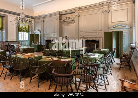 The Assembly Room in Independence Hall in which both the Declaration of Independence and Constitution were drafted and signed Stock Photo