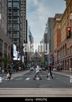 Crosswalk at Market St and 11th Street with views west to City Hall, Philadelphia Stock Photo