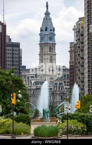 The Swann Memorial Fountain and Philadelphia City Hall from Logan Circle Stock Photo