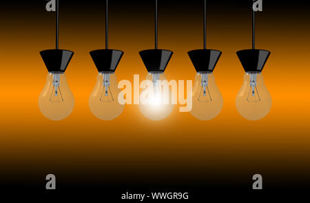 Idea and inspiration concept, business creativity, leadership thinking, group of light bulb on yellow background Stock Photo