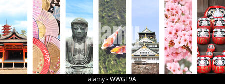 Set of vertical banners with landmarks of Japan. Osaka castle, Great Buddha statue, Gojunoto pagoda, traditional daruma dolls and fans, sakura flowers Stock Photo