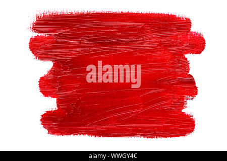 Abstract red real oil painting brush strokes isolated on white background, painted with red oil color by hand. Stock Photo
