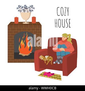 Cozy house. The girl is sitting in a large comfortable chair, legs crossed by the fireplace. Cat is sleeping next to her. Cute flat vector Stock Vector