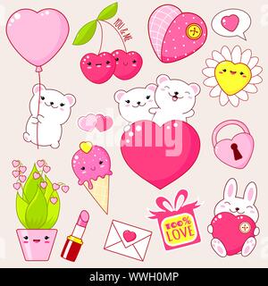 Set of cute Valentine's day party icons in kawaii style. Polar bear and bunny with heart, heart shaped chamomile, ice cream, lipstick, sticker with in Stock Vector
