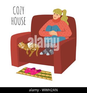Cozy house. The girl is sitting in a large comfortable chair, legs crossed. Cat is sleeping next to her. Cute flat vector illustration isolated on Stock Vector