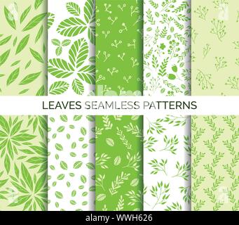 Green leaves seamless pattern. Set of backgrounds Stock Vector