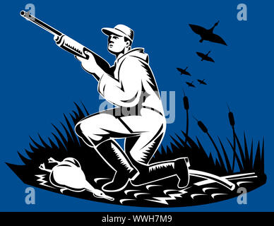 illustration of a hunter aiming shotgun rifle gun at ducks geese done in  retro style Stock Photo